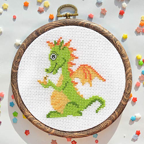 Povitrulya Baby Dragon Counted Cross Stitch Kit – Mandala Embroidery Pattern for Medium Starter - color: Green Dragon