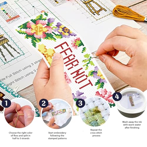 FREEBLOSS 6 Set Cross Stitch Bookmark Kits Flowers Pattern with Inspirational Words Stamped Cross Stitch Kit 11CT Embroidery Kit with Instructions for Beginners 20x6cm/8x2.4inch