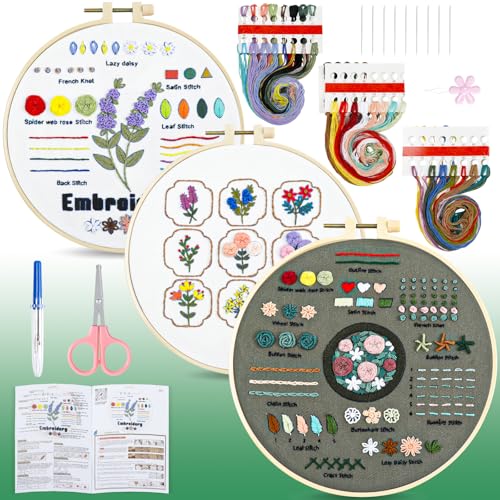 HTVRONT 3 Pack Embroidery Kit for Beginners, 9 Flower Practice Samplers