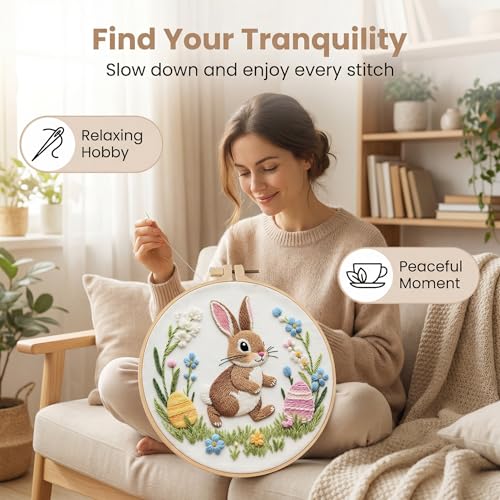 PALUPJEF Rabbit Embroidery Kits for Beginners, Cross Stitch Kits for Adults Easy Needlepoint Kits for Adults with Funny Animal Pattern,DIY Needlepoint Embroidery Starter Kit with Instructions