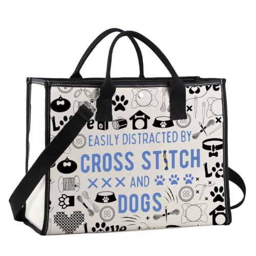 GJTIM Cross Stitching & Dogs Lover Gift Cross Stitching Project Bag Easily Distracted By Cross & Dogs Canvas Tote Bag