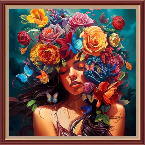 Dooxvey Cross Stitch Kits for Adults Beginners,Full Range of Cross-Stitch Stamped Kits Needlepoint Kits for Beginners Embroidery Kits 11CT Cross Stitch Patterns-Colorful Flower Girl 18x18 inch - color: Magicolor17