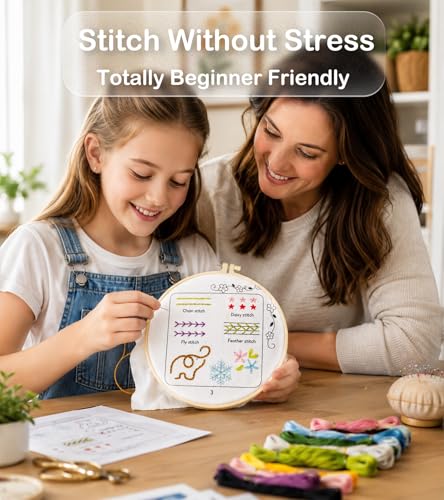 Beginner Embroidery Stitch Book Kit with Portable Canvas Bag for Adults