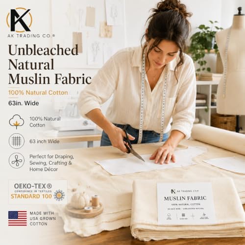 AK TRADING CO. Muslin Fabric/Textile Unbleached - Draping Fabric - Natural 10 Yards Medium Weight - 100% Cotton (63in. Wide) - color: Natural Unbleached, size: 10 Yards
