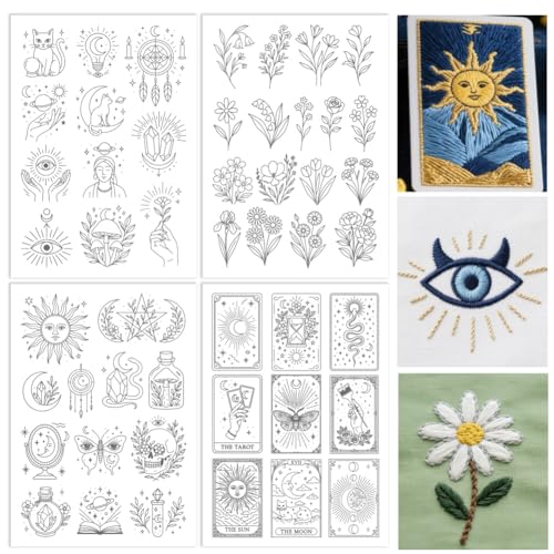 ORIGACH 4 Sheets Water Soluble Embroidery Patterns Stabilizers - Pre-Printed Mystical Divination Tarot & Floral Designs - Stick & Stitch Embroidery Paper for Hand Sewing Lovers - color: Mystical Divination Tarot & Floral