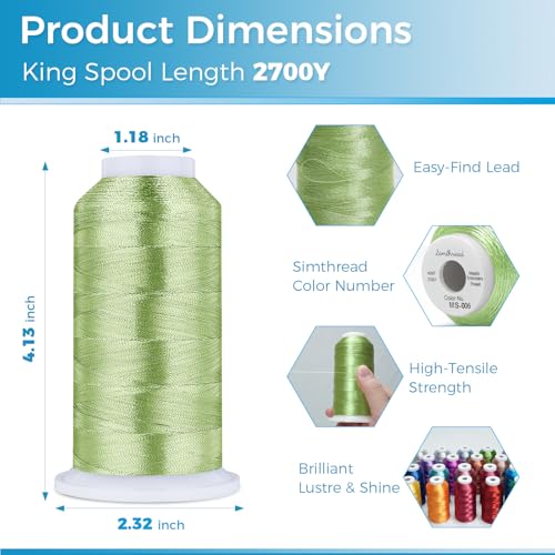 Simthread 2700 Yards Metallic Embroidery Machine Thread - Grass Green MS-006, 40wt High-Sheen King Spool, Smooth Running & Break Resistant for Commercial & Home Embroidery Machines - color: Grass Green MS-006