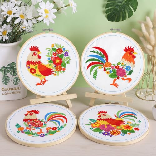 Rivvlive 4 Sets Funny Rooster Embroidery Kit with Embroidery Hoop Pattern Needlepoint Kit for Beginners and Adults Needlepoint Crafts Set with Needles Thread and Instruction DIY - style: Rooster