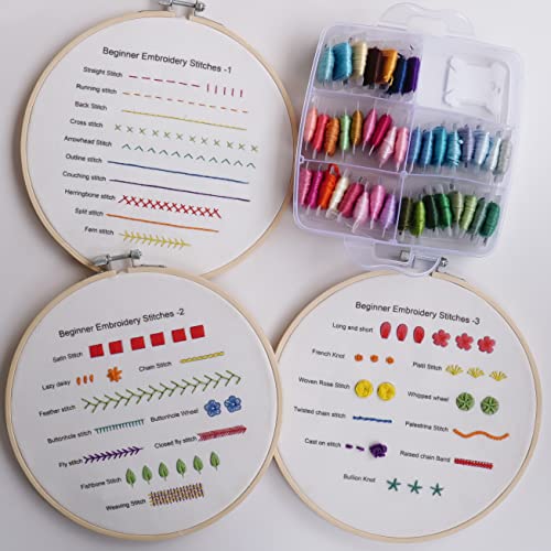 Bonroy Beginners Embroidery Practice kit 3 Sets to Learn 30 Different Stitches for Craft Lover Hand Stitch with Embroidery Fabric with Skill Techniques - color: Learning Stitches