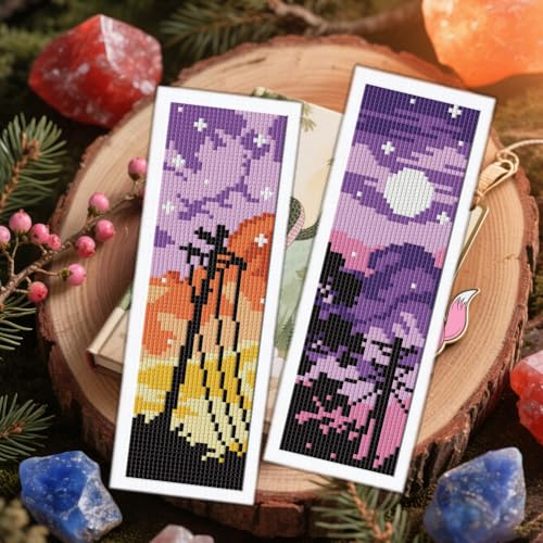 ORIGACH 6 Set Sunset Mountain Silhouette Cross Stitch Bookmark Kit - style: Sunset Landscape