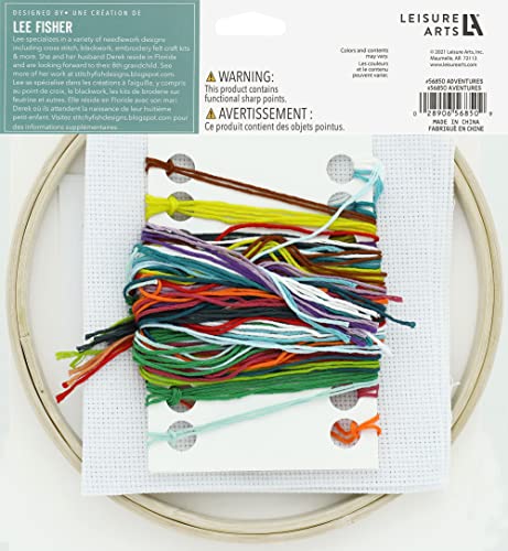 LEISURE ARTS Cross Stitch Kit 7in Adventure - Counted Cross Stitch Kit with Hoop, Floss, Aida Fabric and Needle - Travel Design, Embroidery for Beginners