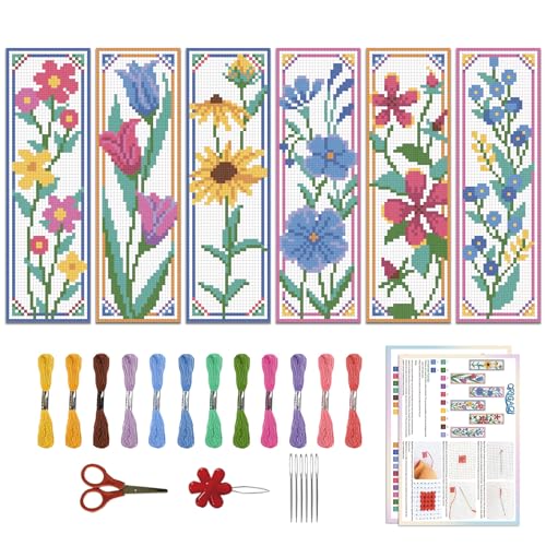ORIGACH 6 Set Wildflower Floral Cross Stitch Bookmark Kit for Beginner - style: Sunflowers Tulip
