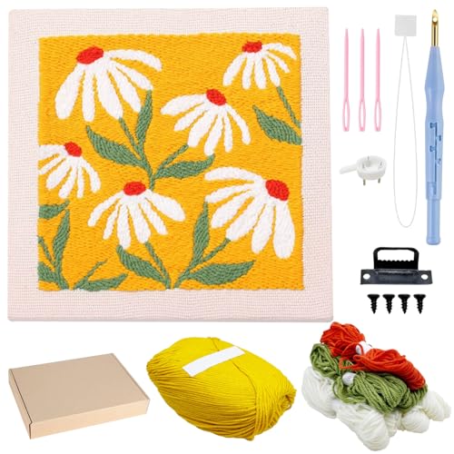 Allazone Punch Needle Starter Kit - Square Frame with Flower Pattern, Hoop, Yarns, Punch Needle (Orange and White) - color: Orange and White