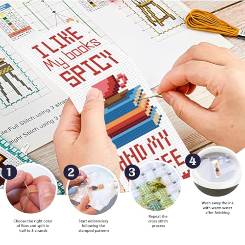FREEBLOSS 6 Set Cafeteria Cross Stitch Bookmark Stamped Cross Stitch Kit with Coffe&Books Patterns Embroidery Kit with Instruction DIY Bookmark Kit for Gift Adults 8.67''x3'' - style: Coffee Text