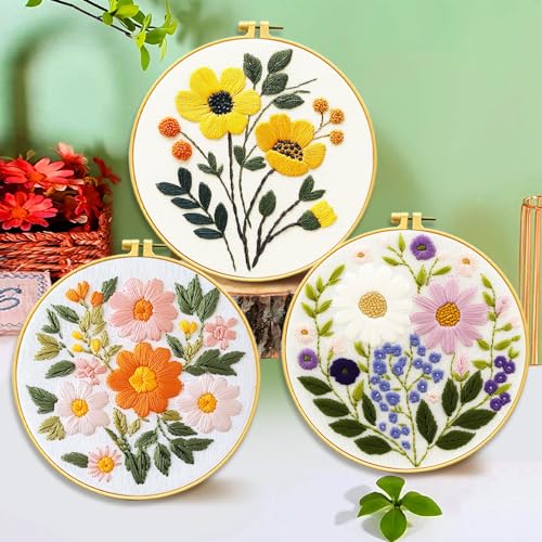 FEIYUENO 3 Sets Flowers Embroidery Kit for Beginner Adults (Sunflower) - color: Sunflower