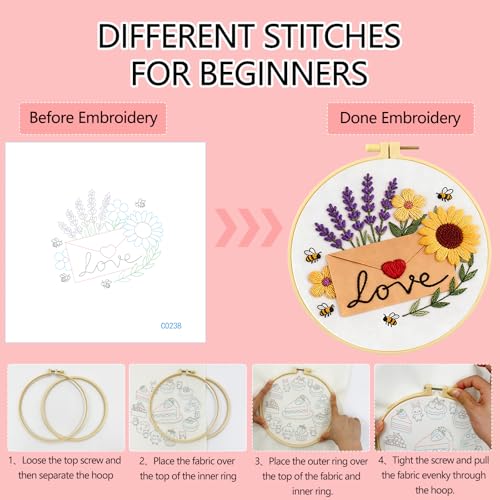 Zhenqing Love Envelope Embroidery Kit for Beginners, Pre-Printed 29x29cm Cotton Fabric with 20cm Hoop, Romantic Design with Sunflowers and Lavender (C0238)