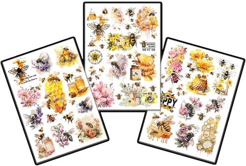 Vintage Honey Bee Rub-on Transfer Stickers Decals, 8.3 x 5.9 Inch, 3 Sheets Bee Design for Paper Crafts