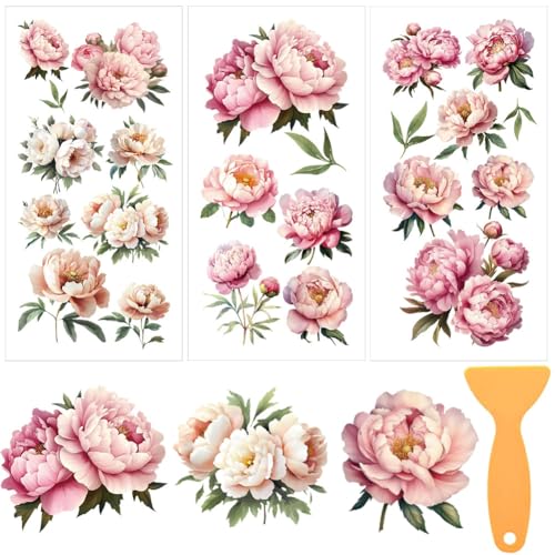 3 Sheets Pink Peony Rub on Transfers for Crafts, 12×6in - style: Peony