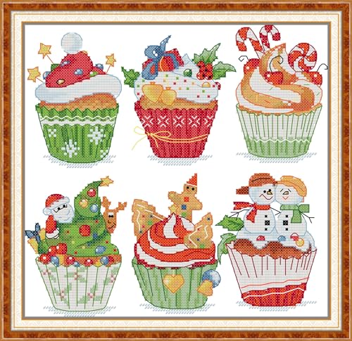 Howie's Needlepoint Cross Stitch Kits, 14CT Pre-Printed Pattern Needlepoint Kits, Full Range of Stamped Starter Kits(Christmas Cupcakes,11.02 x 11.2 inch) - color: Christmas Cupcakes