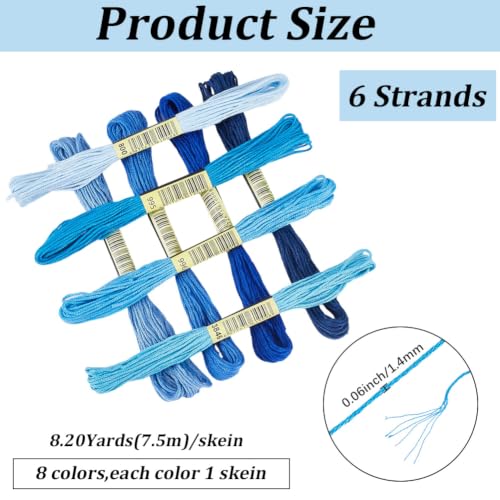 1 Box 65.6 Yards 8 Skeins 6 Ply Blue Friendship Bracelet String Variegated Embroidery Cotton Thread Bulk Yarn Assorted Cross Stitch Gradient Floss Set for Sewing Hand Making Knitting Crafts - color: Blue Cotton Thread, size: 65.6 Yards