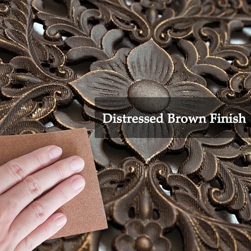 XIAOAIKA Boho Carved Wood Wall Art Panel, Floral Mandala, Distressed Brown - color: Distressed Brown