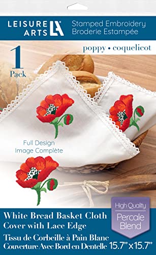 LEISURE ARTS Bread & Basket Cloth 15.7"X15.7" Poppy, Stamp Embroidery Cloth, Bread Cloth, Tea Towels for Bread, Towel, Cloth Cover, Pastry - color: White,red