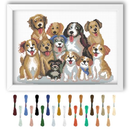 FREEBLOSS 11CT Dog Cross Stitch Kits for Adults Stamped Cross Stitch Wall Hanging Kit Embroidery Starter Set with English Instructions, Sufficient Threads for Beginners