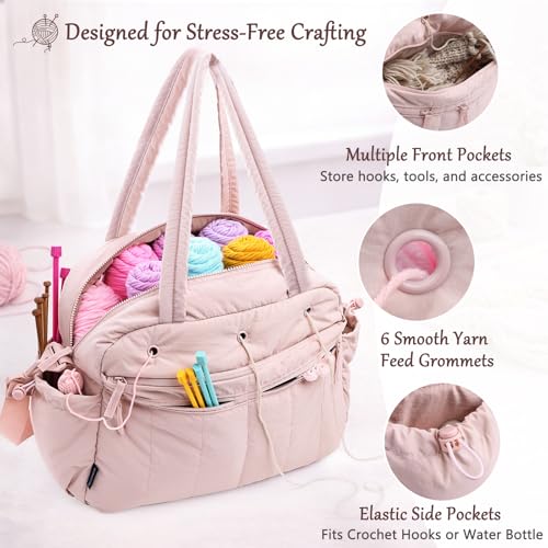 MYBAGZING Large Crochet Bag Organizer w/Crochet Hook Case & Yarn Grommets - color: Pink