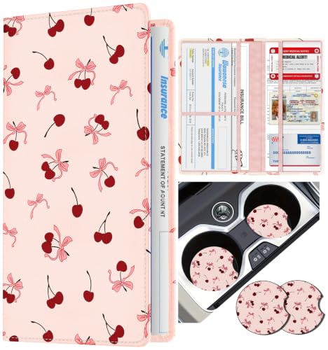 Slohif Car Registration and Insurance Holder with 2 Car Coasters, Elegant - color: Pink Cherry