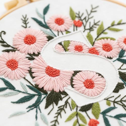 Zerzsy 7.87 '' Embroidery Kits Plant Flower Leaf English Letter Patterns for Beginners Adults, Easy to Learn Cross Stitch Kit for Home Office Decor - color: Letter S