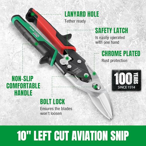 SK 10-Inch Tin Snips Heavy Duty, Left Cut Aviation Snips, Cr-Mo Steel - size: 10" Left Cut