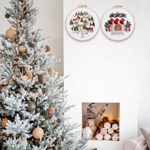 FONNUY Crewel Christmas Embroidery Kit for Beginners, Cross Stitch Set Winter Snow Scene Pine Owl Pattern for Adults, Easy to Follow Color Thread Needlework, 8'' Hoop (Fireplace) - style: Fireplace