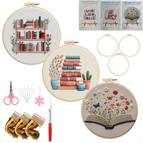 Embroidery Kit for Adults, Pre-Stamped Pattern Embroidery Kit for Beginners, Needlepoint Starter Kit with Hoop Thread Needle Instruction, 7.9'' Hoop (Book Lover 3 Packs) - style: Book Lover 3 Packs