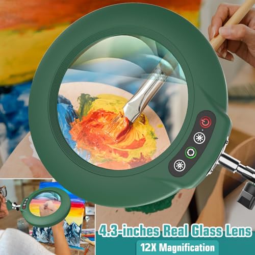 12X Magnifying Glass with Light and Stand, Real Glass Lens (Not Acrylic), 5 Color Modes, Stepless Dimmable, LED 3-in-1 Floor Lamp, Swing Arm with Clamp, Lighted Magnifier Hands Free for Crafts - Green - color: Green
