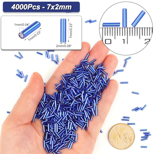 4000 Pcs Dark Blue Glass Bugle Beads, 2 x 7 mm Embroidery Beads, Small Long Tube Seed Beads for Embroidery Craft Jewelry Making - color: Dark Blue