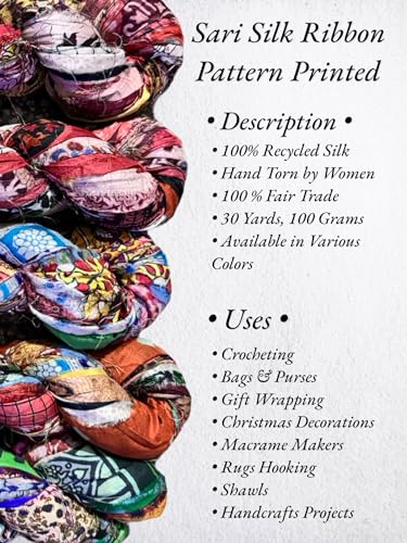Maker's Craft Pattern Printed Sari Silk Ribbon Yarn 50 Yards, 100Grams for DIY, Knitting, Crocheting, Gift Wrapping, Christmas Decoration, Macrame Makers, Jewelry Making, Rugs Hooking