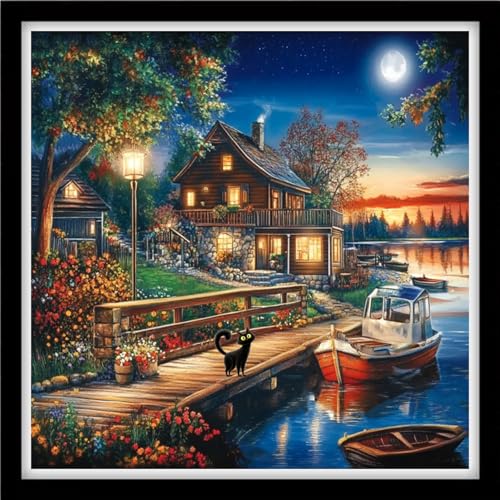 Fanxvivy Counted Cross Stitch Kits for Adults 11CT Unprinted Cross-Stitch Patterns Embroidery Kits Easy Cross Stitching Needlepoint Kits&Moon Night Home Scenery 18x18 inch - color: DIY-craft19