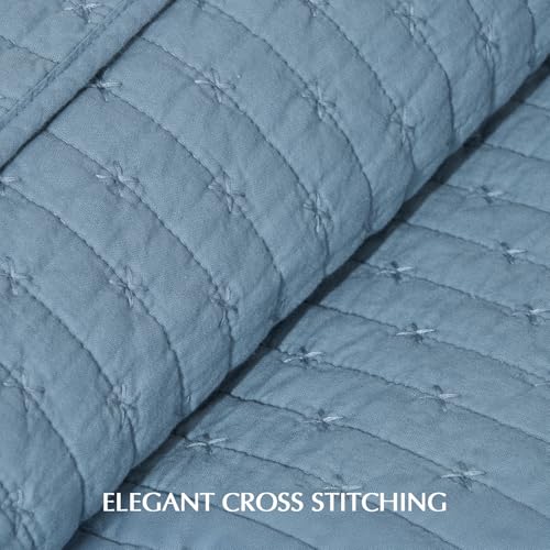 EverGrace 100% Cotton Cross Stitch 3-Piece Quilt Set, 118"x106", Dusty Blue - color: Dusty Blue, size: OVERSIZED CAL KING (118" x 106")