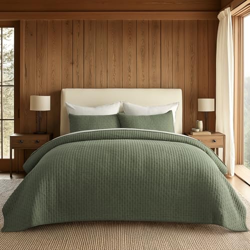 EVERGRACE Cross Stitch Pre-Washed Cotton Quilt Bedding Set Queen Size, Oversized 3 Pieces Lightweight Bedspread Coverlet for All Season, with 2 Matching Shams, Olive Green, 92"x96" - color: Olive Green, size: Full/Queen (92" X 96")