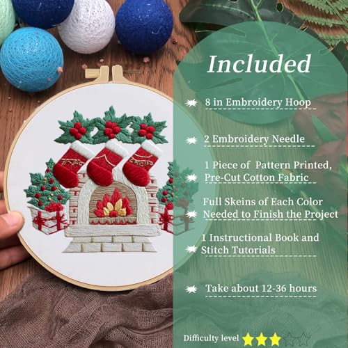 FONNUY Crewel Christmas Embroidery Kit for Beginners, Cross Stitch Set Winter Snow Scene Pine Owl Pattern for Adults, Easy to Follow Color Thread Needlework, 8'' Hoop (Fireplace) - style: Fireplace