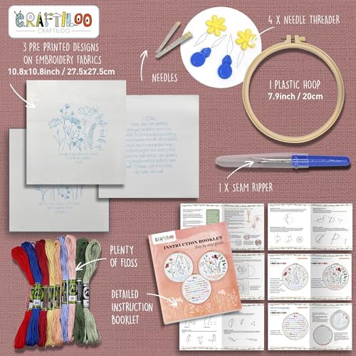Flowers Embroidery Kits for Adults - Stamped Beginner Hand Embroidery - color: 3 Flowers
