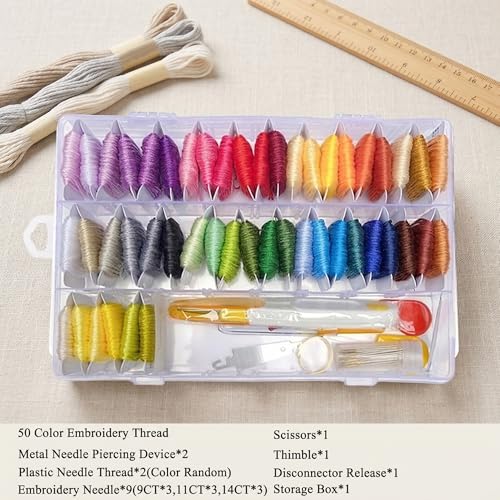 Huacan Embroidery Floss Kit with Storage Box 50 Colors Stitching Threads Sewing Kits 67 Pcs DIY Cross Stitch Accessories Set for Adults Beginner - color: 50 Color（67 Pcs）