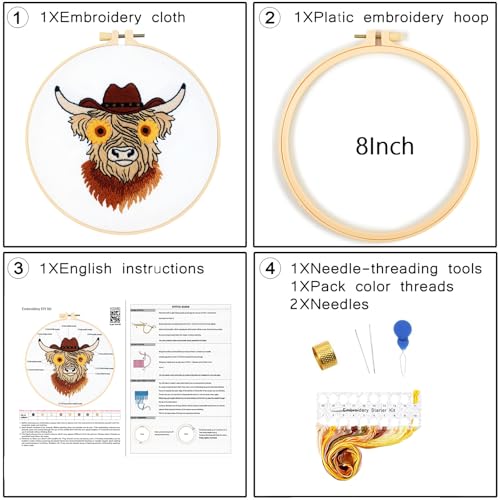 Highland Cow Embroidery Kits for Beginners Adults, Animal Hand Embroidery Starters Kits, Stamped Cross Stitch Kits DIY Needlepoint Kits for Beginners Adults, Embroidery Hoop, Thread and Video Tutorial - color: H2080, size: 8Inch