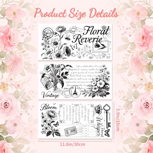 Peacoblue Black Text Vintage Flowers Rub On Transfers for Furniture 6"x12" - style: Black Text Vintage Flowers