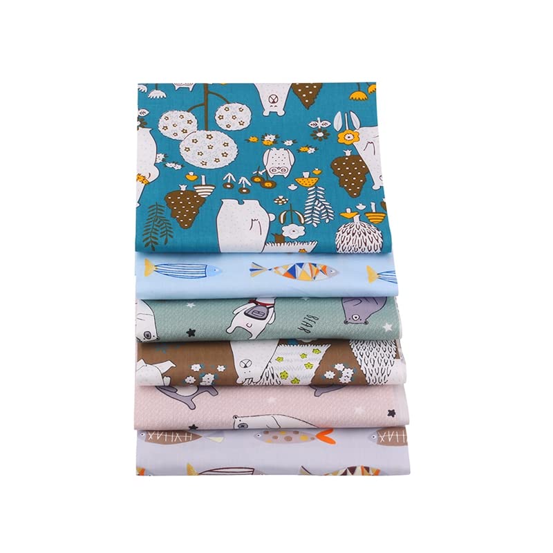 AMORNPHAN Bear and Fish Animals Cartoon Printed 100% Cotton Quilting Bundles Fabric for Patchwork Needlework DIY Sewing Crafting Precut Face Mask 16x20 Inches (40x50cm.) Set of 6 Pieces (Bear&Fish) - color: Bear&fish