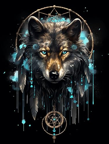 DIY Stamped Cross Stitch Kits Night Wolf Dreamcatcher for Beginners Easy 11CT Needlepoint Embroidery Counted Cross Stitch Kits Art Craft Wall Decoration and Gift 40x50cm(1)
