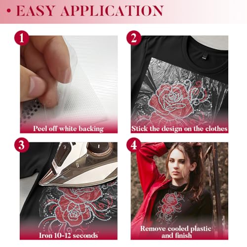 1 Pc Red Rose Pattern Rhinestone Iron on Hotfix Transfer Decal, Bling DIY Patch Clothing Repair Applique T-Shirt Vest Shoes Hat Jacket Decor Clothing DIY Accessories - style: Curled Flowers