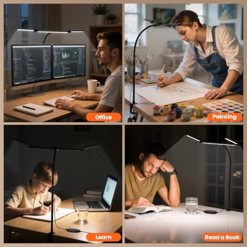 LED Desk Lamp for Office Home, 3 Light Bar Adjustable Desk Light with Clamp - color: Black