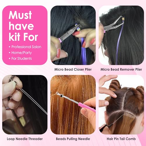 Beauty & Crafts Hair Extension Tools- Stainless Steel Pliers Set for Micro Beads- 1 Crochet Needle 1 Pulling Hook with Tail Comb- Micro Links Tool Kit with Leather Pouch- (Pink) - color: Pink