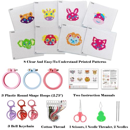 8 Pack Animals Stamped Cross Stitch Kits for Kids Beginners with Frame - color: Animals