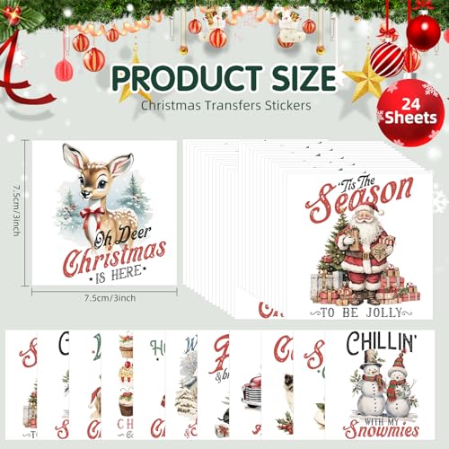 ZMRU 24 Sheets Vintage Christmas Rub On Transfers for Crafts, Rub On Transfers Christmas for Wood，Furniture Decals, Glass, Porcelain, Leather, Canvas, Fabric Projects,3 * 3inch(Vintage Christmas) - color: Vintage Christmas